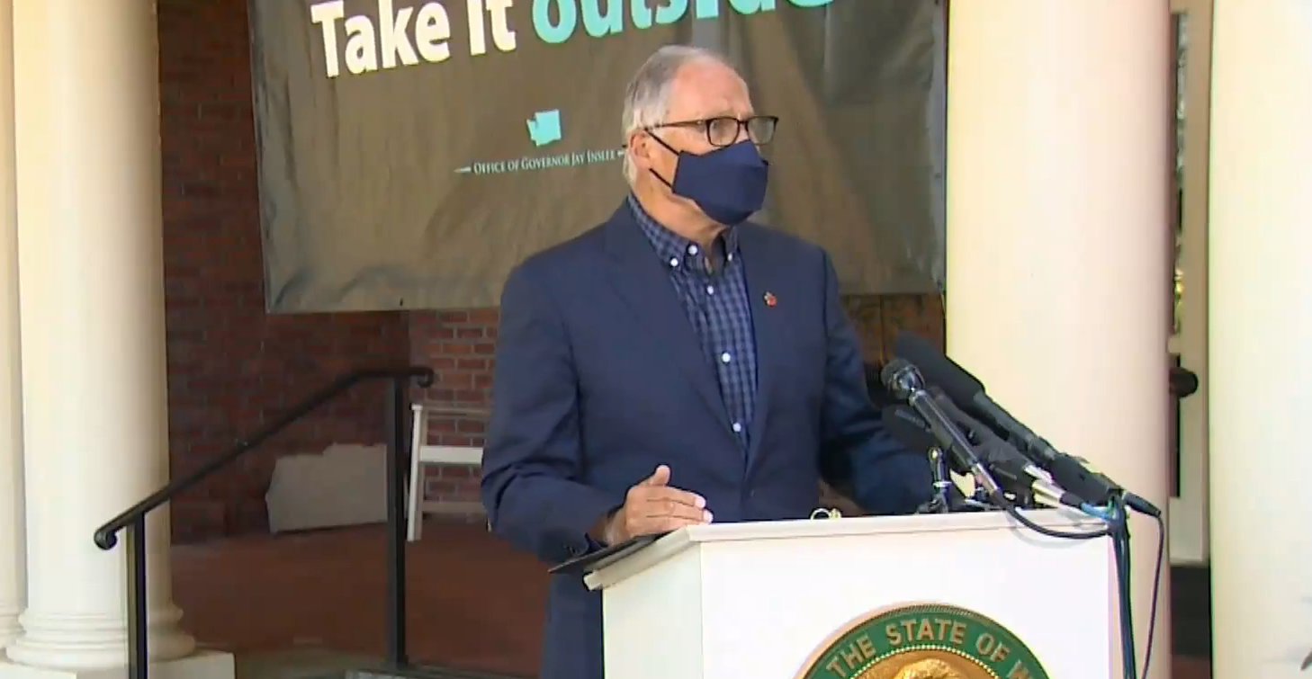 Gov. Jay Inslee hosts a press conference outside of the governor’s mansion Thursday, April 15.