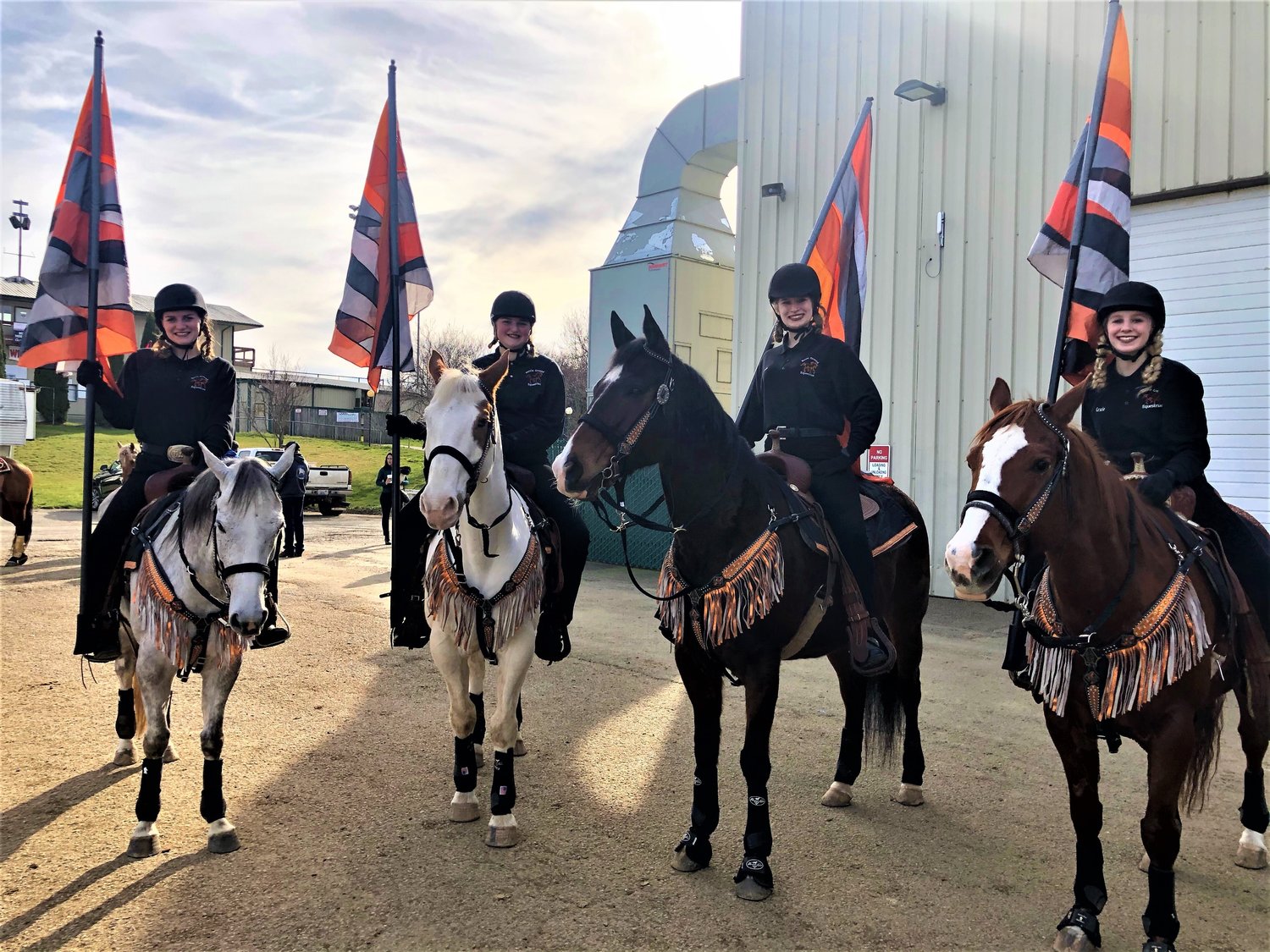 Drill Team B (left to right): Tailor Obrist on Looney; Emma Messer on Mohave; Julie Thomas on Ray and Gracie Kemp on DeeDee.