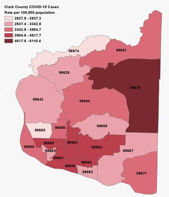A map from Clark County Public Health shows areas by ZIP code where confirmed cases of COVID-19 have been tested. The rates per 100,000 of population in each ZIP code are shown by progressively deeper shades of color for a greater case rate. 