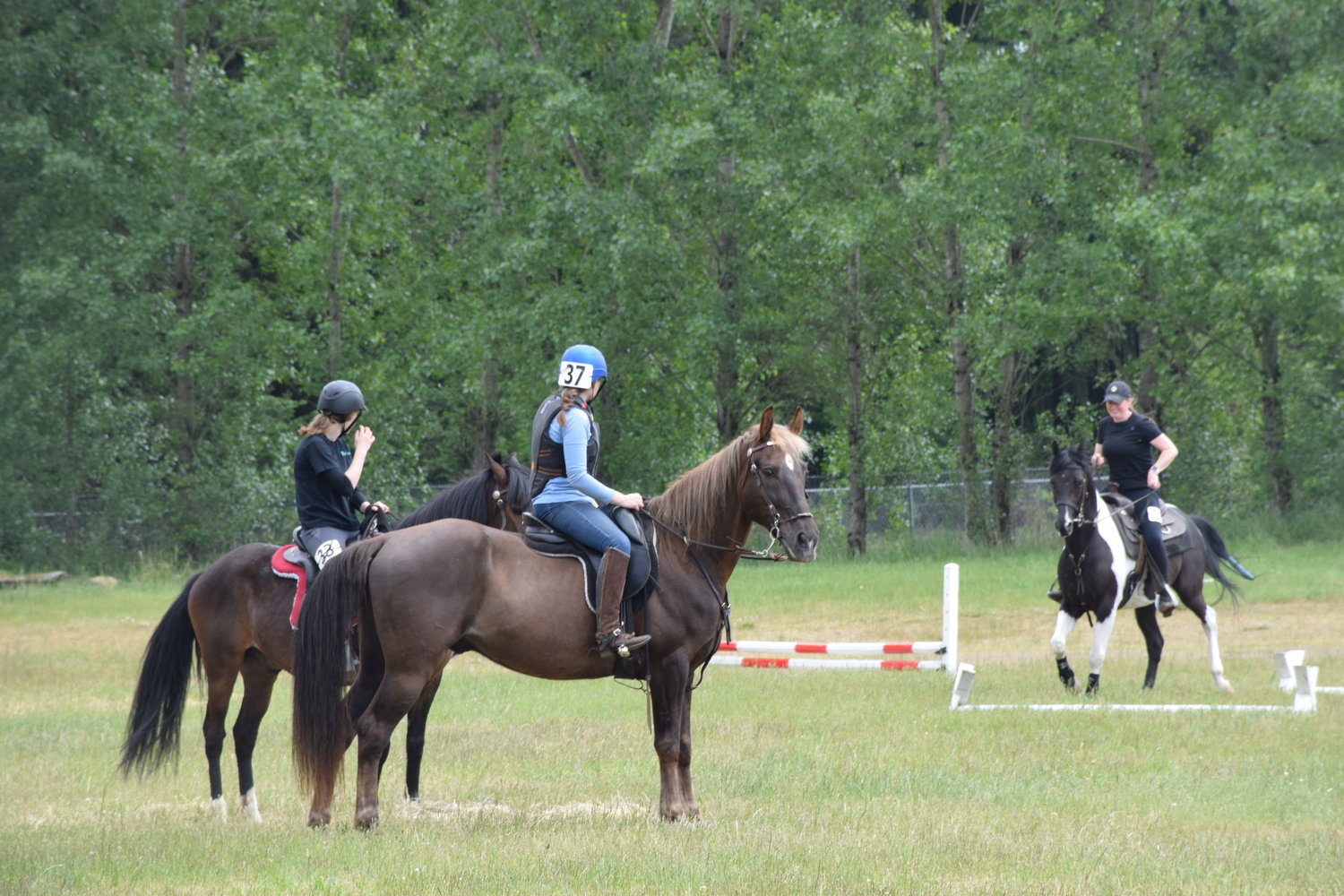 From left: Peyton Atkins, riding Tego, and Rebecca Harder, riding Mars, watch as Lori Atkins and Knight prepare for a jump on a trail riding course at the Clark County Saddle Club May 22.
