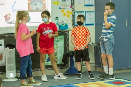 North Fork Elementary School third grade students in Stacia Aschoff’s leadership class take part in “courage charades,” an activity from the district’s new social-emotional learning curriculum.