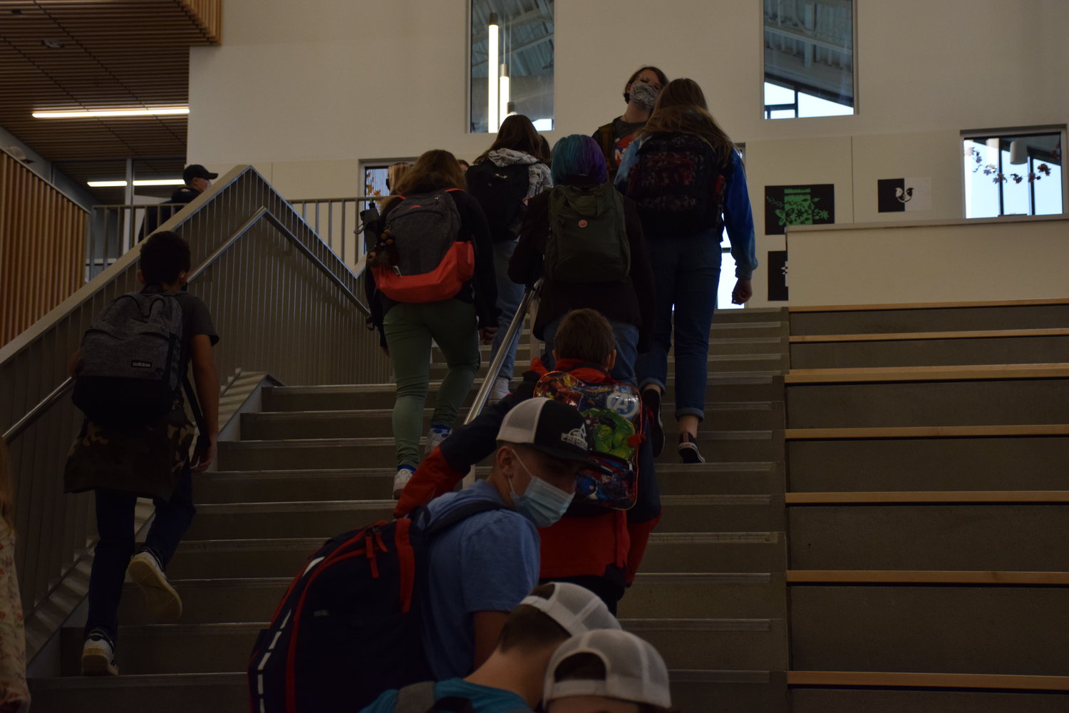 La Center Middle School students move to their next class in the new middle school commons on Oct. 14.