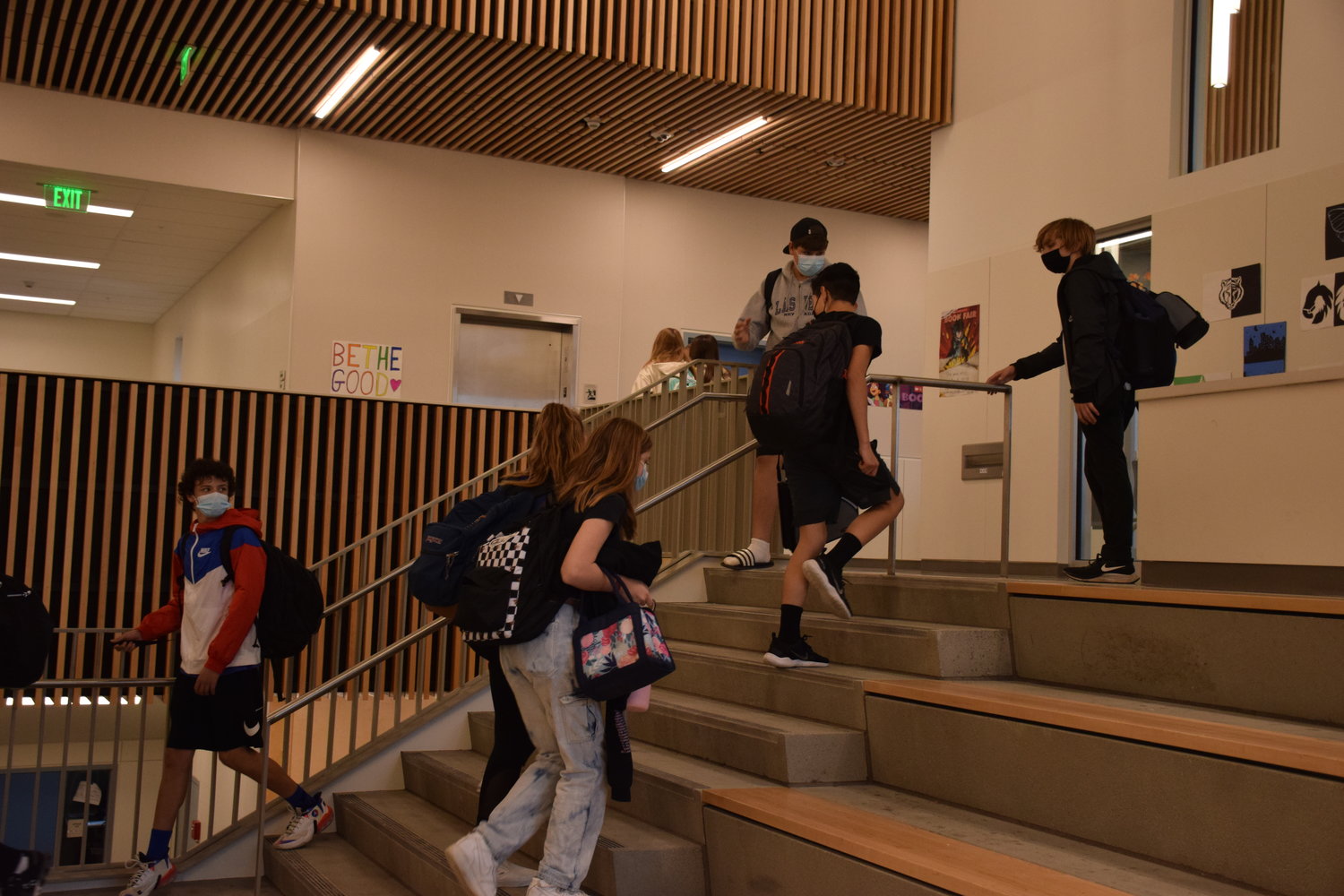 La Center Middle School students head to their next class near the new school building’s “learning stairs” on Oct. 14.
