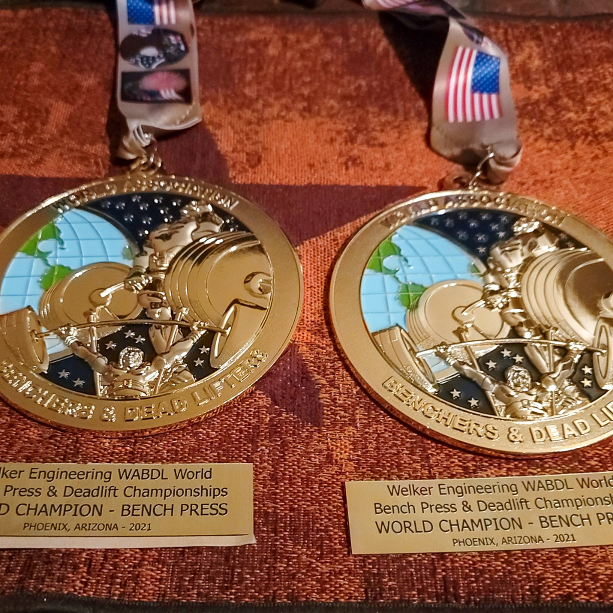 The World Championship medals Ninion Beseda has won are pictured.