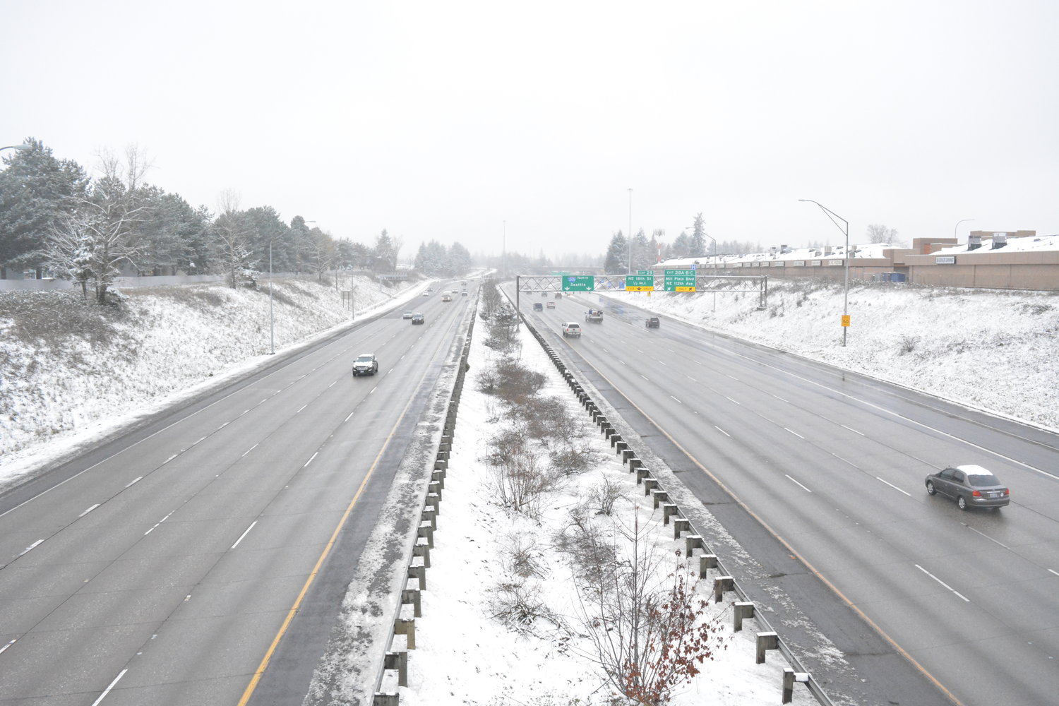 Interstate 5 is pictured flanked in snow in Clark County.
