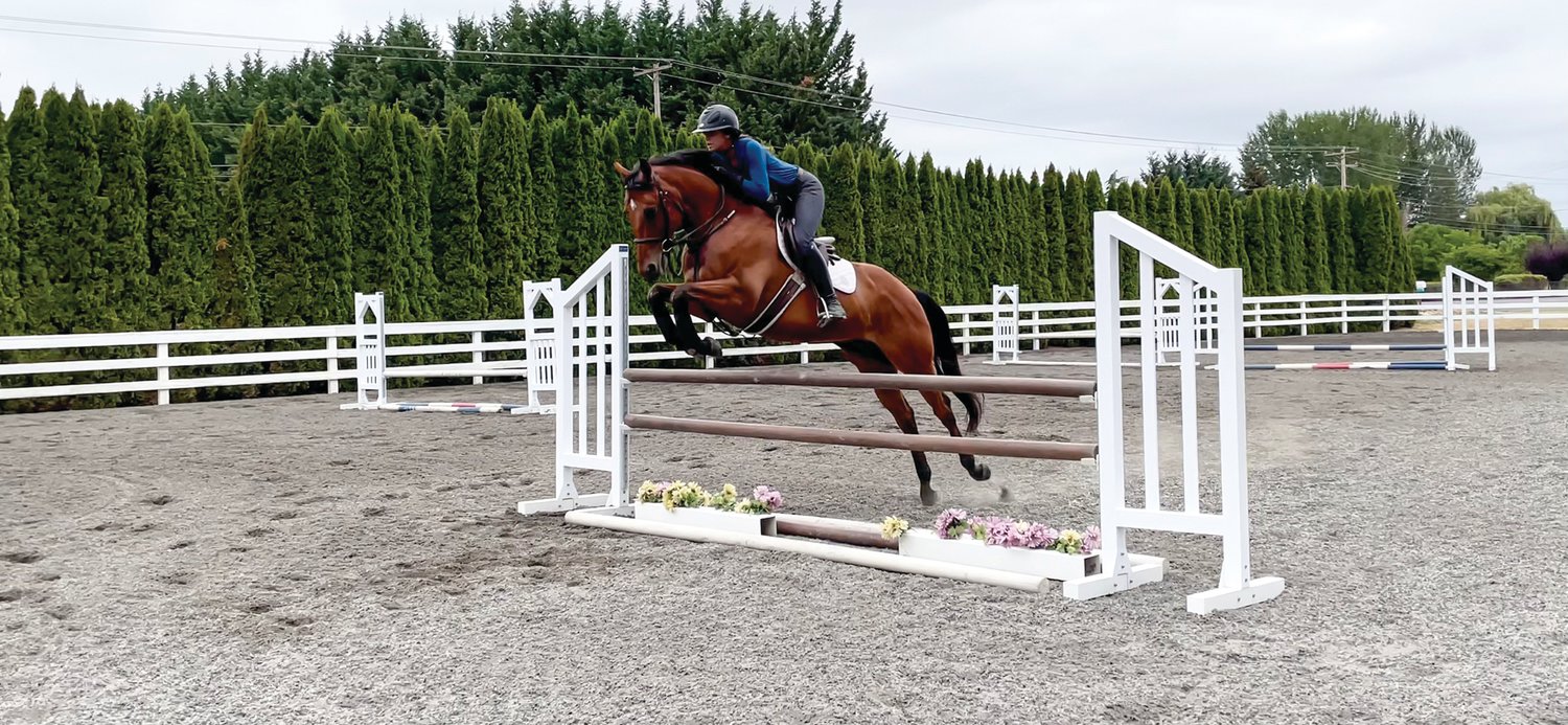 A client’s horse named Hector vaults over poles at Cantera Equestrian School in Ridgefield.