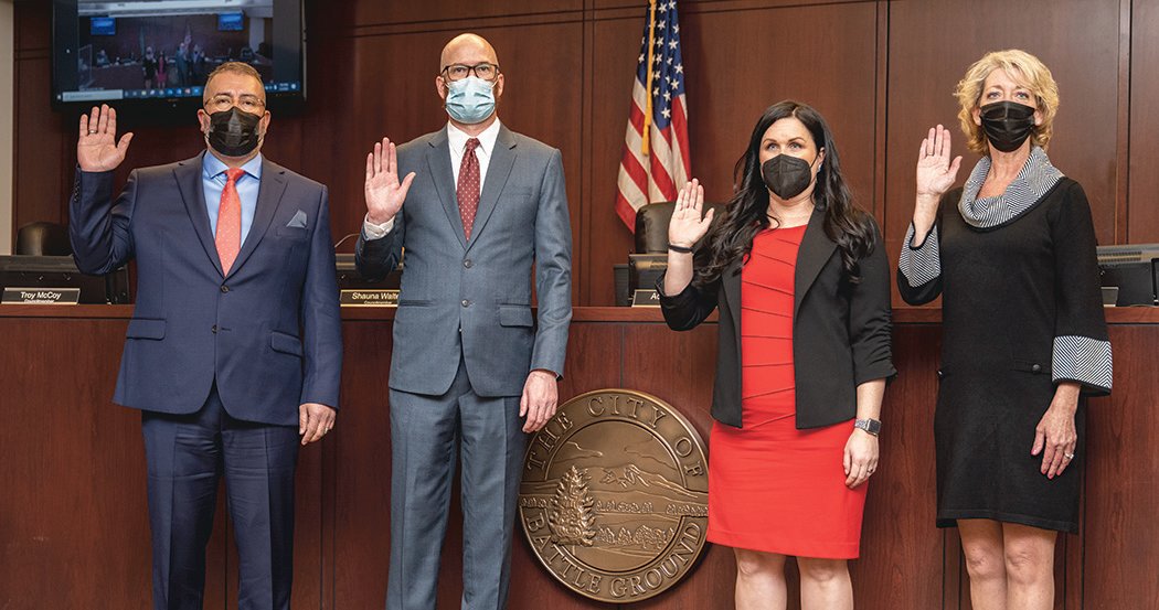 Councilmembers Adrian Cortes, Troy McCoy, Cherish DesRochers and Tricia Davis take the oath of office on Jan. 3.