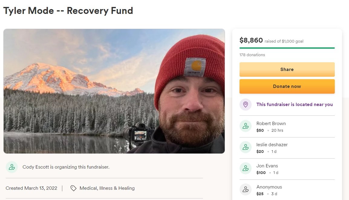 A screen capture of a GoFundMe campaign for Tyler Mode, taken March 21