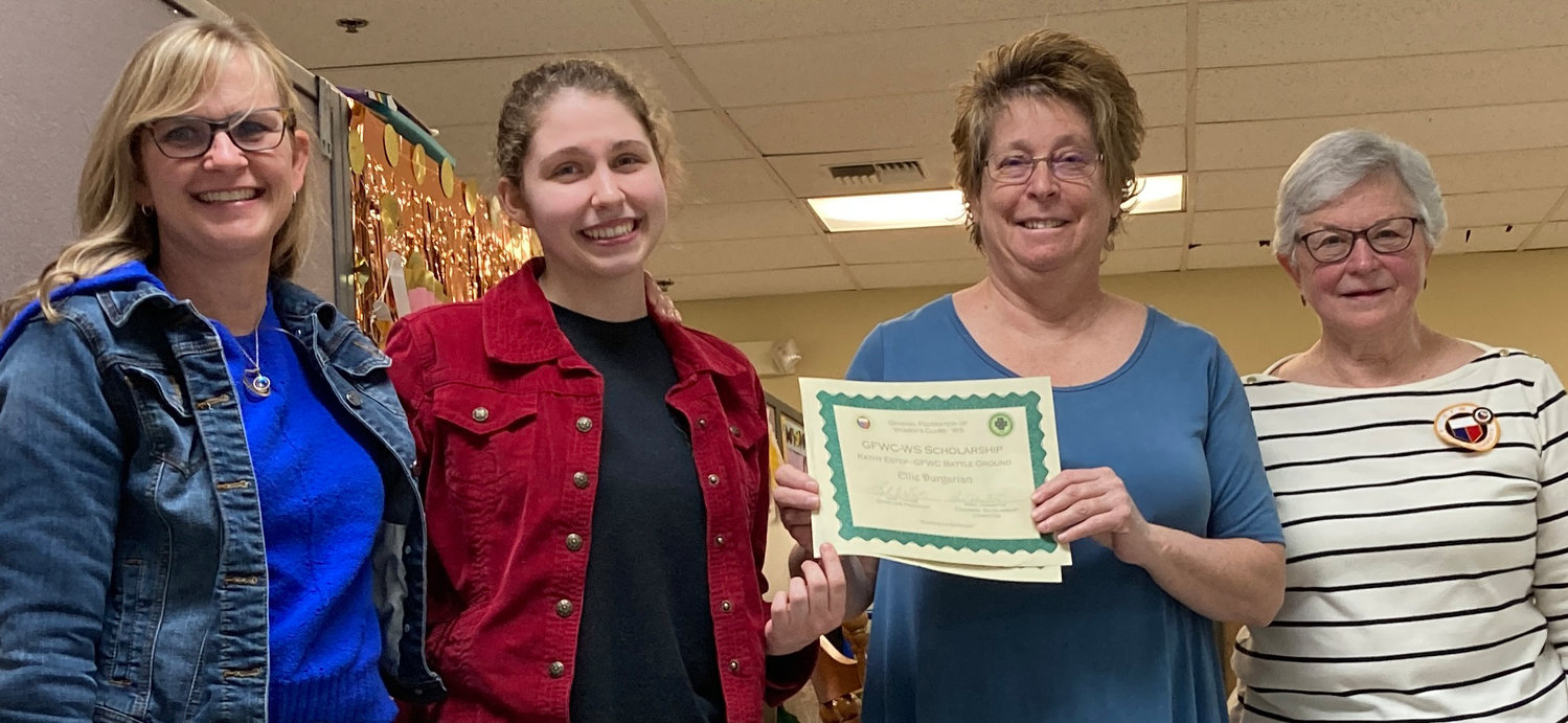 Ellie Durgarian receives official documentation for the $6,500 in GFWC scholarships from chairman Leese Pohl on May 12. On the left is Durgarian’s mother, Renee, and on the right is Mary Lee Miller, club president.