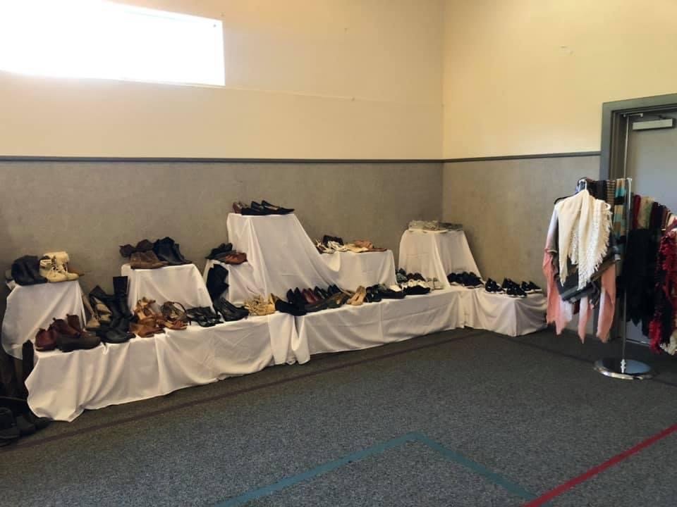 An assortment of shoes at a previous clothing drive inside the Yacolt Community Church is pictured.