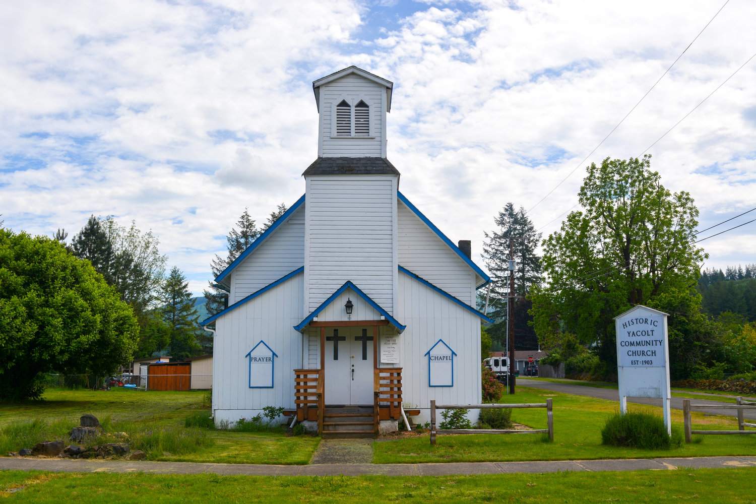 The exterior of the Historic Yacolt Community Church is seen on June 15.