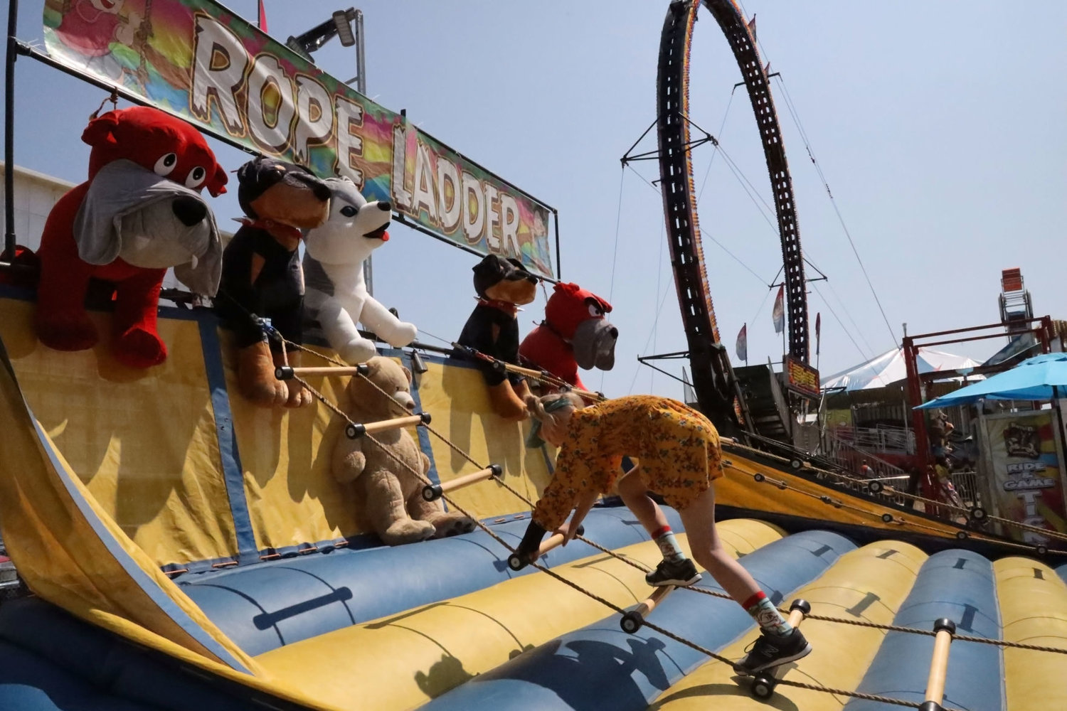 Ten-year-old Sailor Boreen from Vancouver climbs the rope in hopes of winning the husky at the top during the Clark County Fair Aug 3, 2019