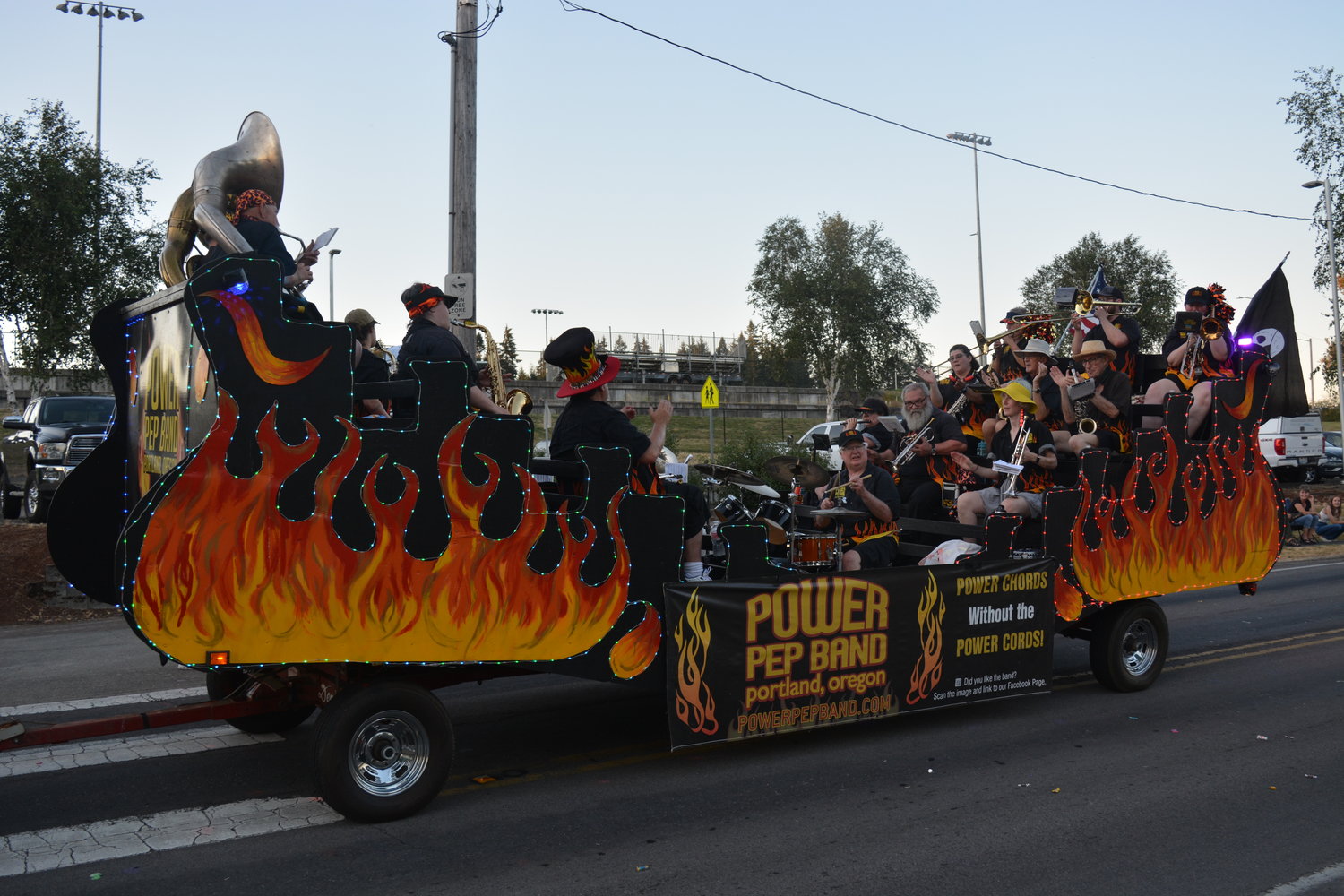 The Portland Power Pep Band’s float takes part in the La Center Our Days parade on July 29.