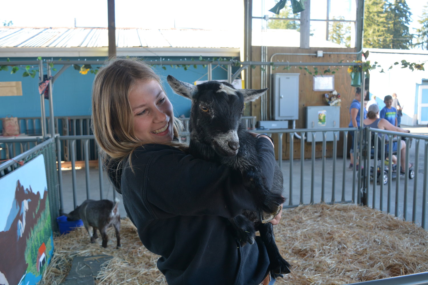 Bella Parke holds a goat in her arms at the Clark County Fair on Aug. 5.