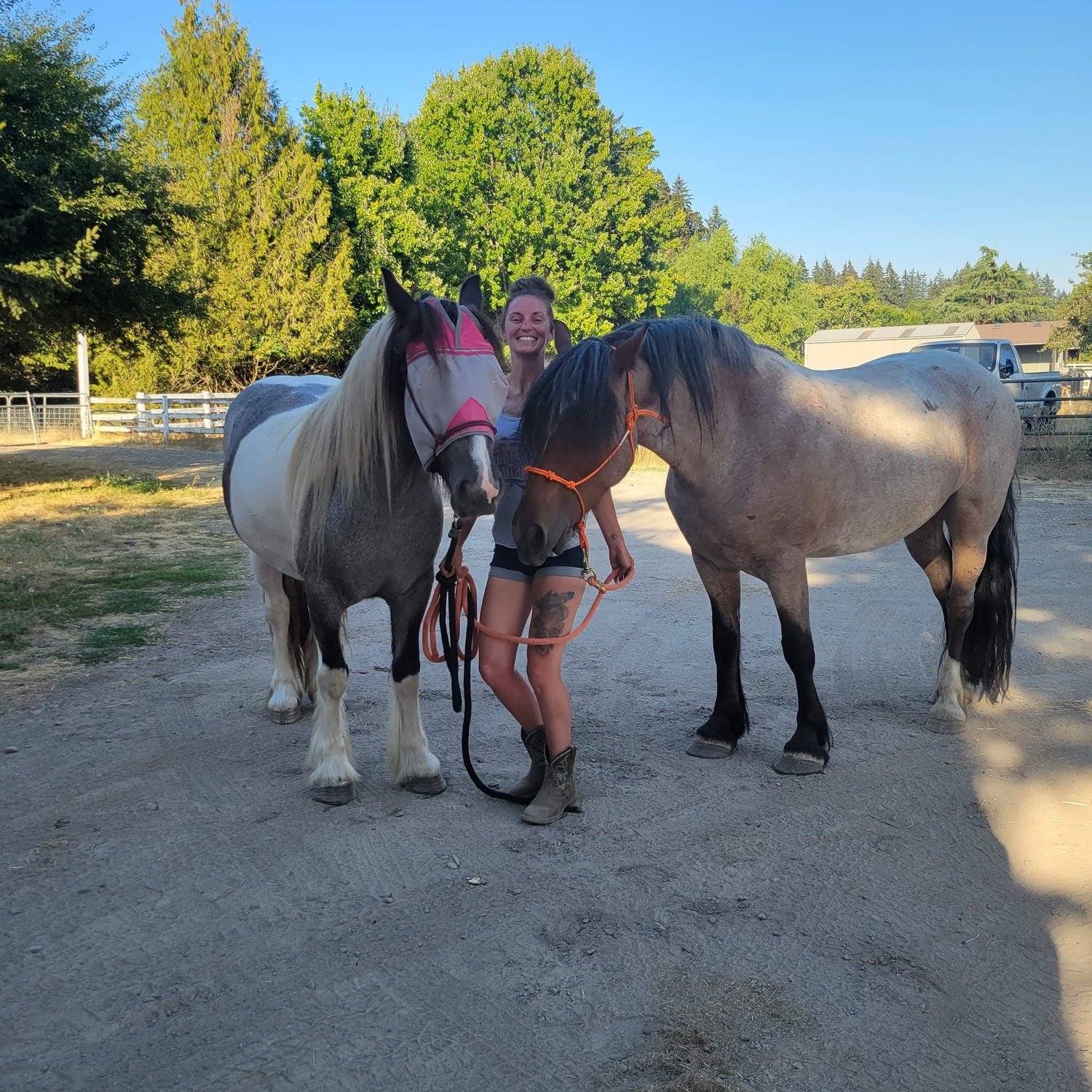 Shanel Funk stands between two of her client’s horses.