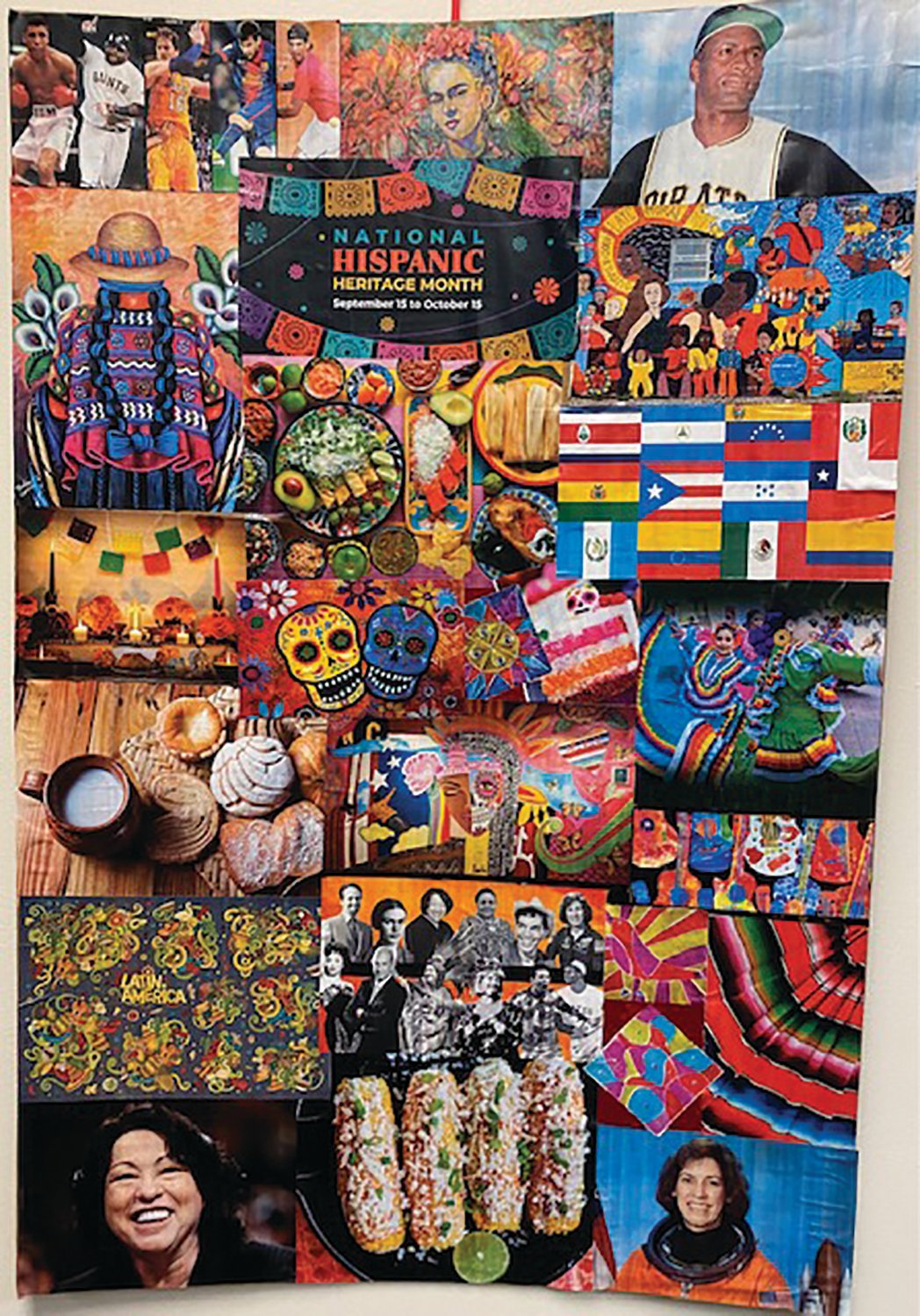 A collage of various Hispanic figures and traditions is displayed at Prairie High School.