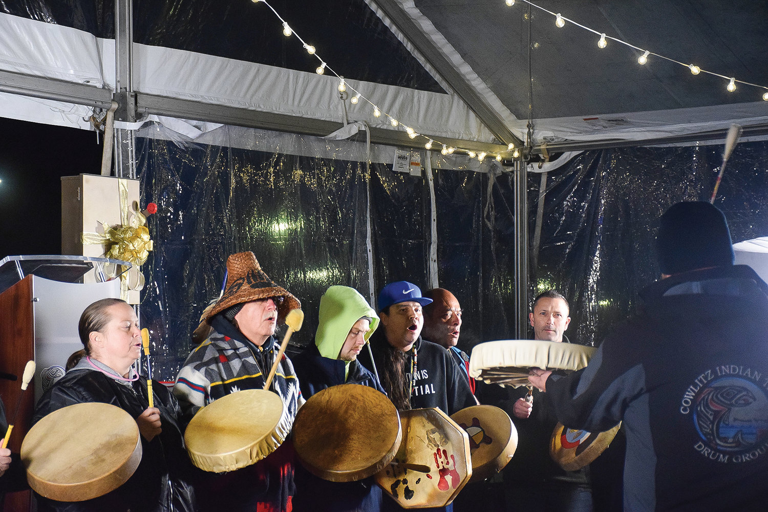Cowlitz tribal drummers perform at ilani during a tree lighting event on Nov. 23.