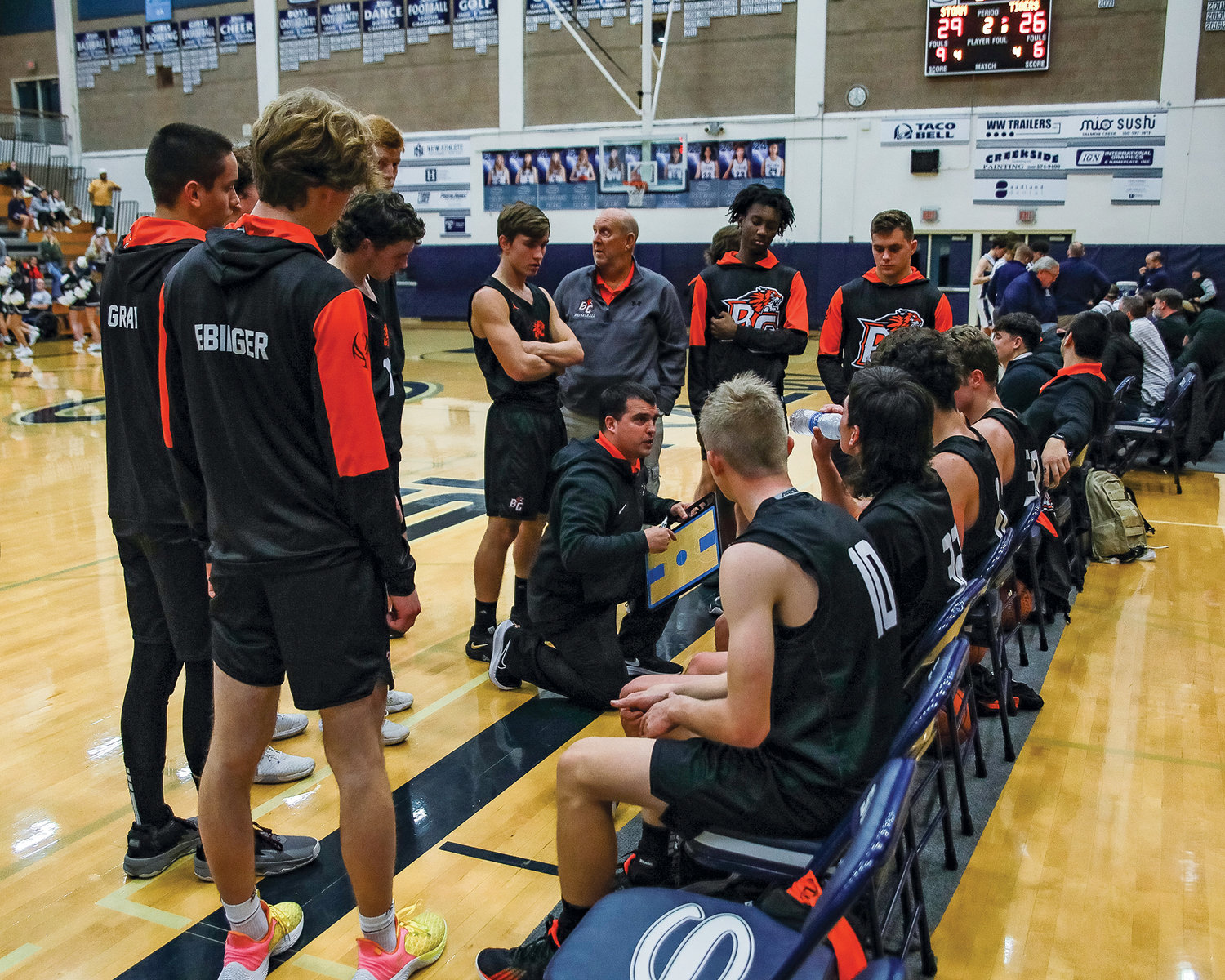 Battle Ground Head Coach Kevin Kalian goes over the gameplan with his team during a second quarter timeout in the game against Skyview on Tuesday, Jan. 3.