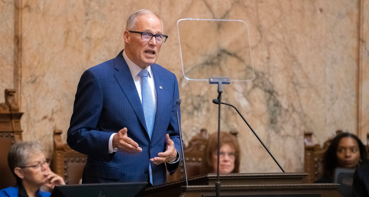 Gov. Jay Inslee makes his 2023 State of the State speech during the first in-person session since 2020 Tuesday afternoon in Olympia.