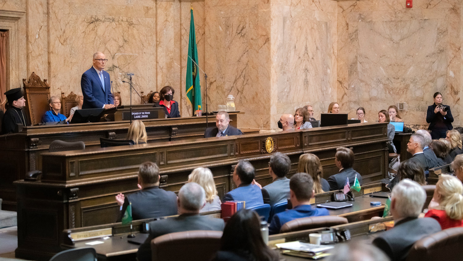 Gov. Jay Inslee delivers his 2023 State of the State speech at a joint session of the House and Senate during the first in-person session since 2020 Tuesday afternoon in Olympia.