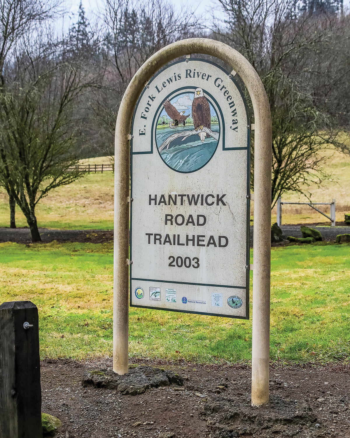 The sign to the Hantwick Road Trailhead is pictured. Clark County recently acquired land along the trail.