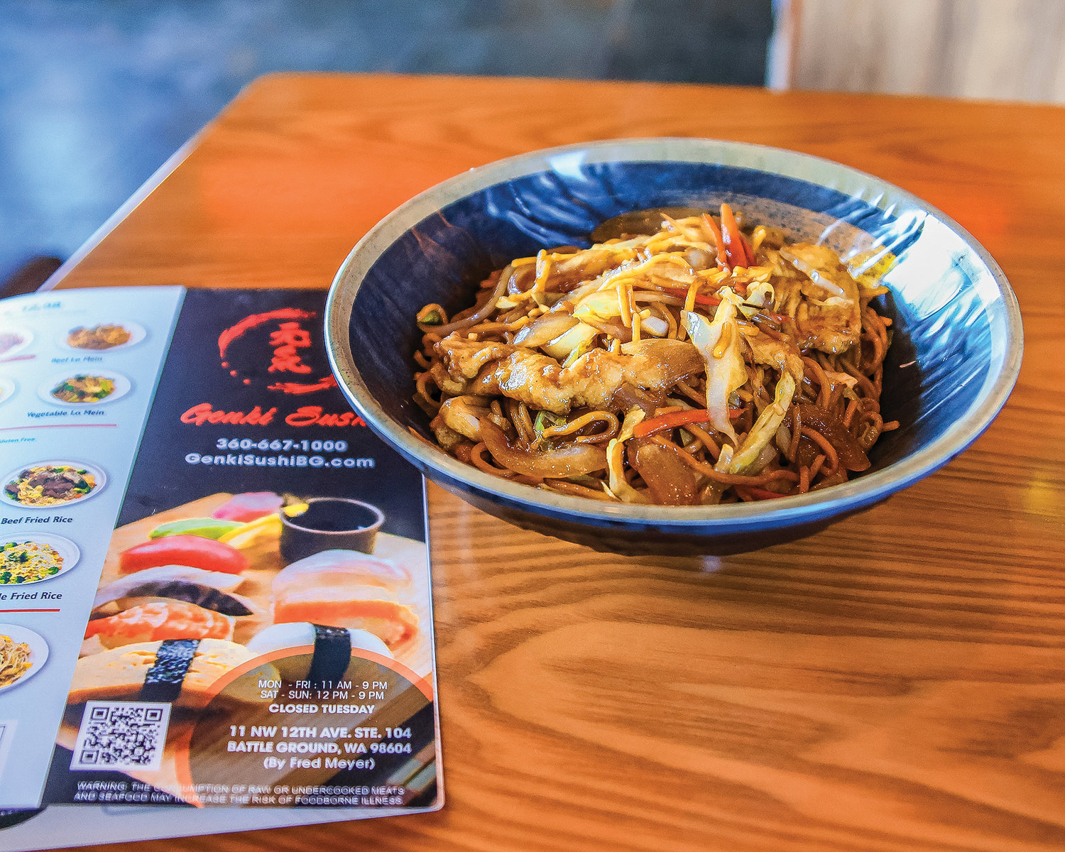 Chicken lo mein sits on a table at Genki Sushi in Battle Ground on Wednesday, Feb. 15.