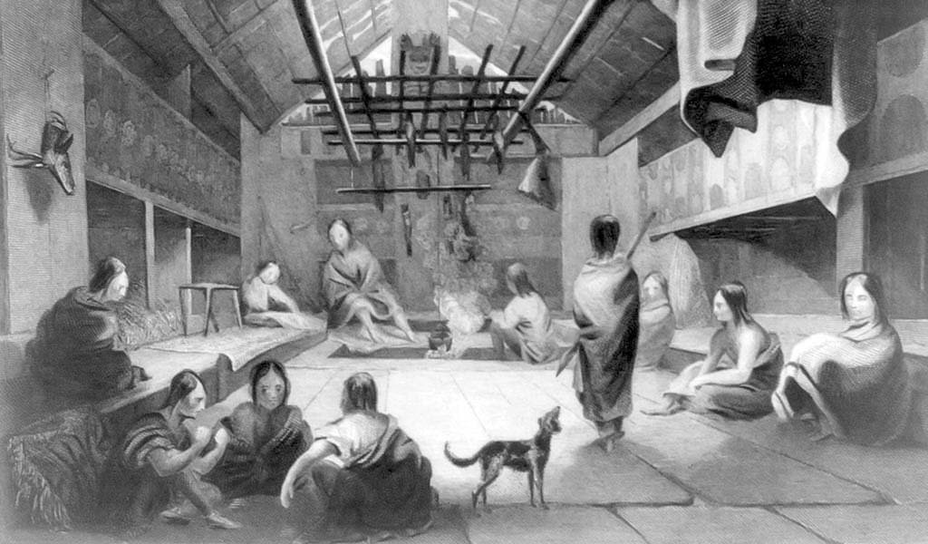 The interior of a Chinook Indian lodge is displayed in this drawing by Alfred Agate.