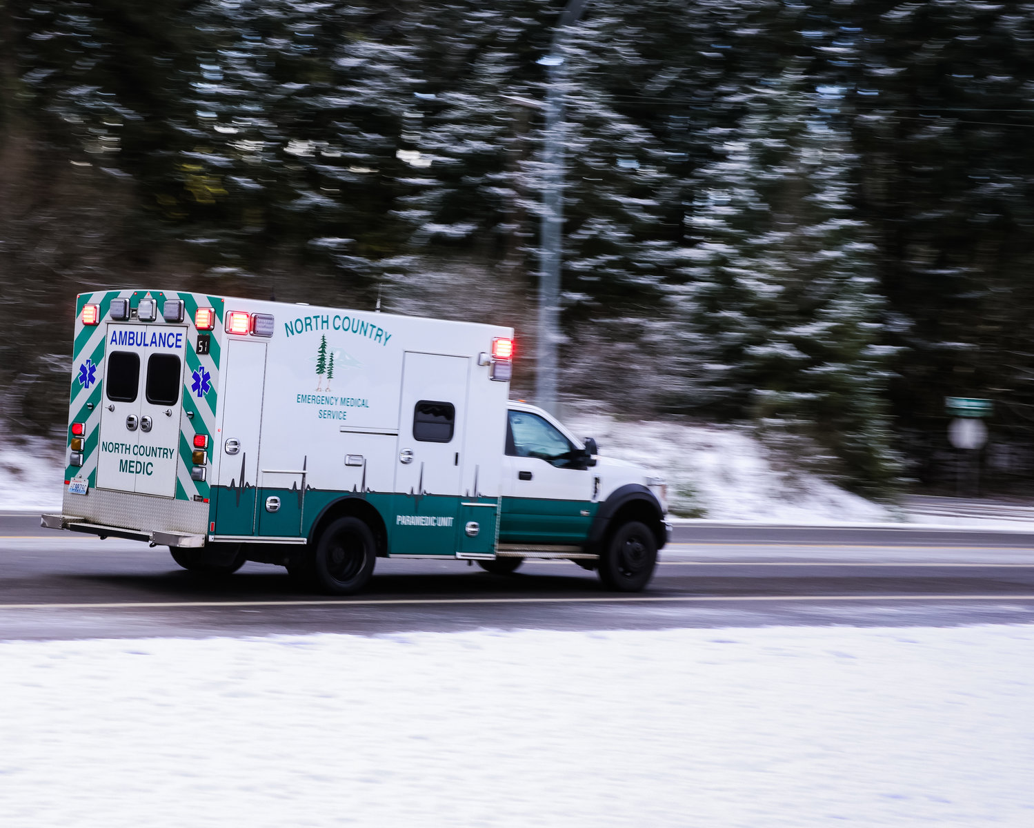 North Country Medic 51 travels down state Route 503 after responding to a weather-related accident HWY 503 near Northeast Lucia Falls Road. The call came out at 7:43 a.m. on Thursday, Feb. 23, and the transport was completed over an hour later due to icy road conditions.