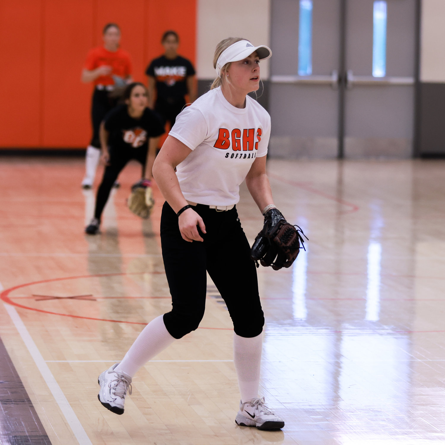 University of Montana commit, senior pitcher, Rylee Rehbein during indoor defense drills at Battle Ground High School due to field conditions on Tuesday, March 7.