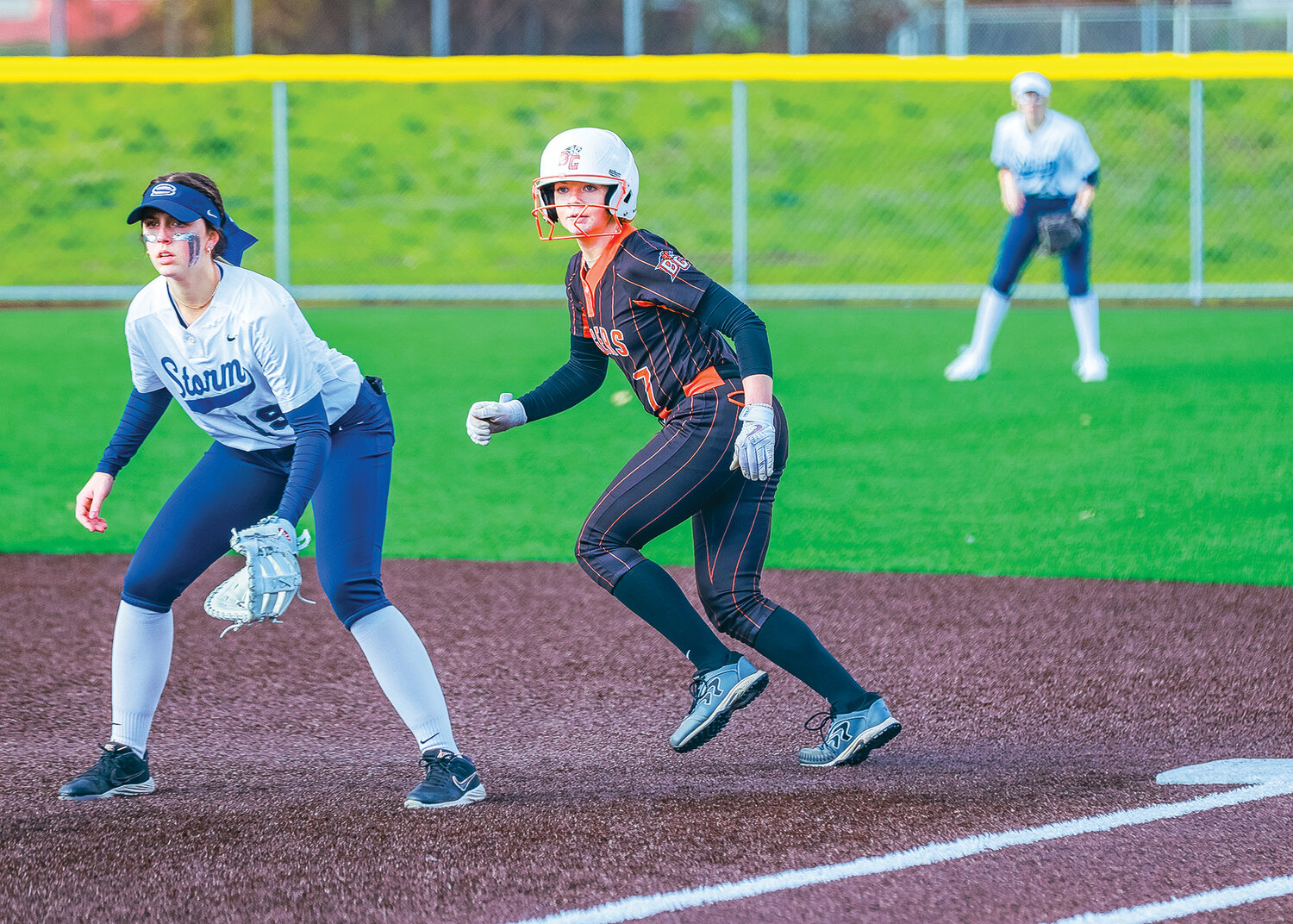 Battle Ground's Hailey Ferguson takes a lead at first base after a basehit during the a game against Skyview at Fort Vancouver High School on Wednesday, April 12.