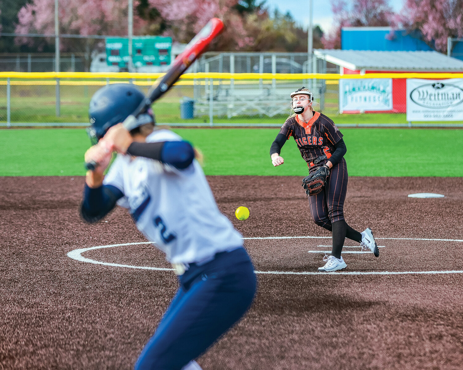 Rylee Rehbein fires in a pitch for Battle Ground during the team's loss to Skyview at Fort Vancouver High School on Wednesday, April 12.