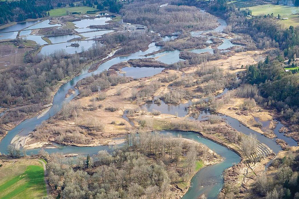 An aerial photo shows the Ridgefield Pits area looking upstream.