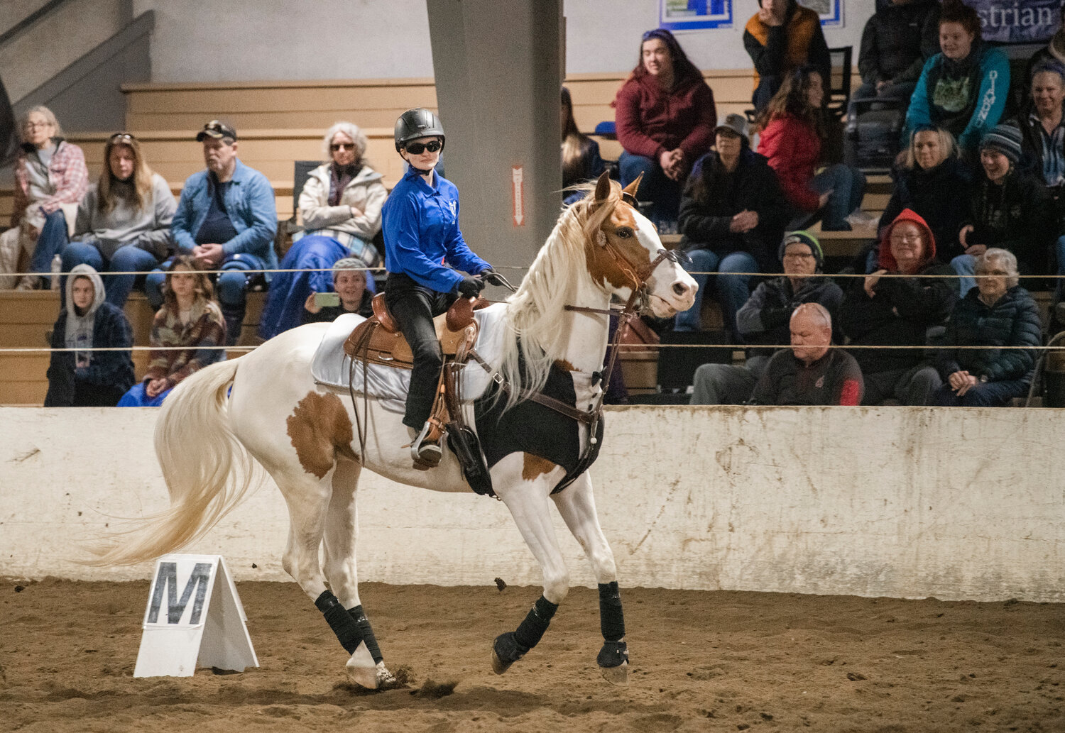 Hockinson freshman Liz Connors rounds a corner as the crowd smiles at her costumed horse during a “working pairs” performance in Tacoma on Saturday, April 15 for the team’s final district meet of the season.