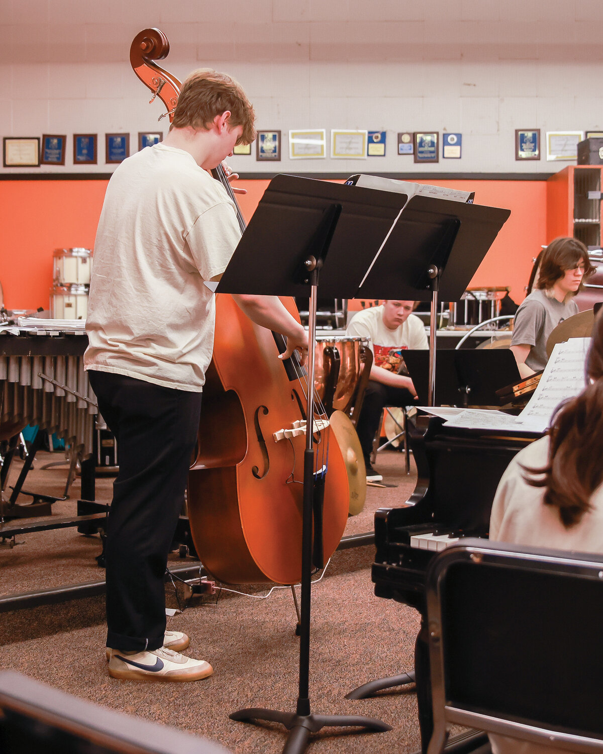Dalon Goodwin is seen playing the upright bass after winning Outstanding Musician for the rhythm section.