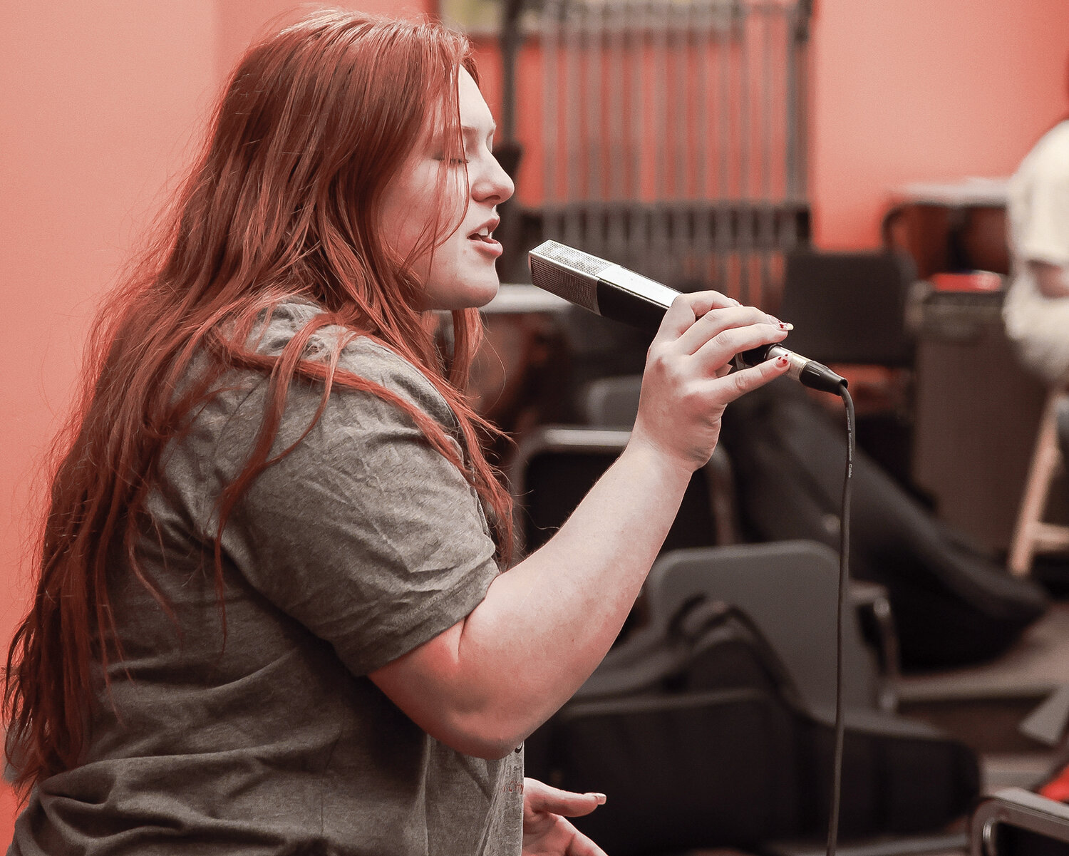 Clair Moss sings during the Battle Ground High School advanced jazz band rehearsal before school on Thursday, May 4.