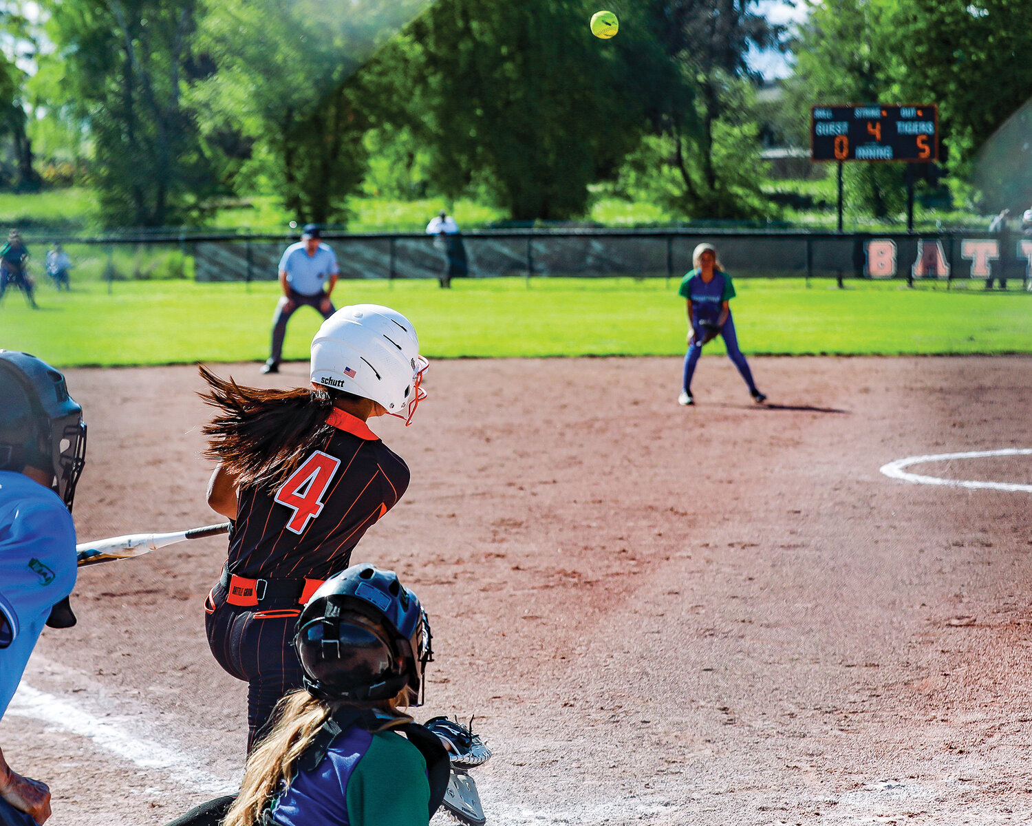 Senior Annali Lindersmith hits a ball to left field for a base hit during Battle Ground’s 12-0 senior night victory over Mountain View on Wednesday, May 10.