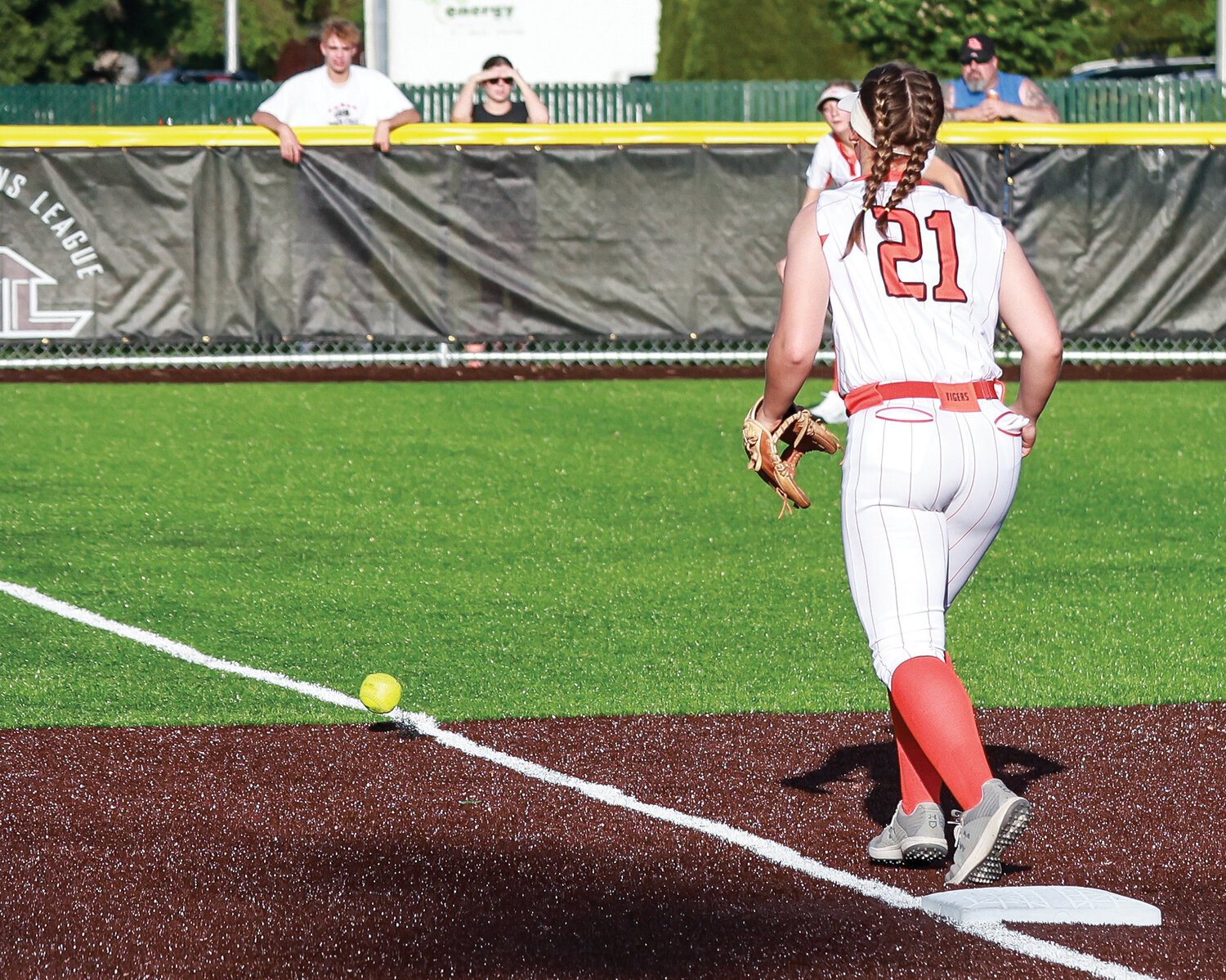 A pivitol moment in the game as a ball hit by Union is about to land just foul over the head of Battle Ground's third basemen Brooke Rausch on Tuesday, May 16.
