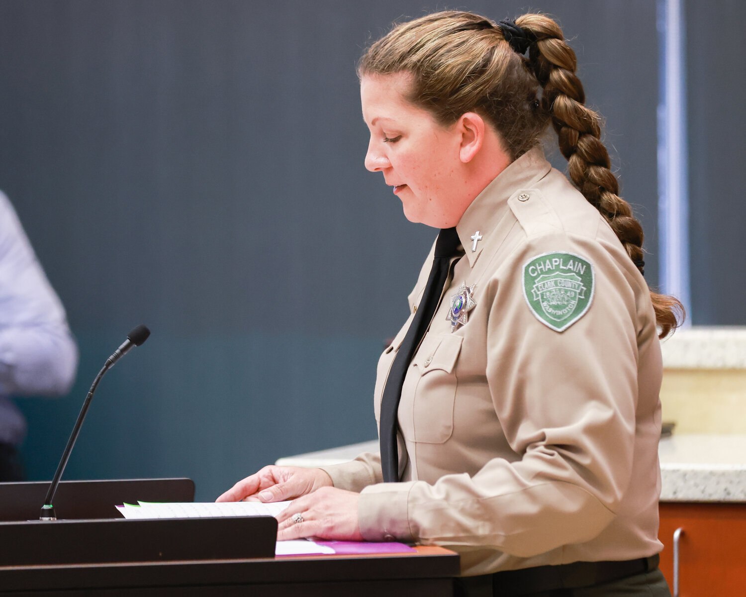 Chaplain Cari Arnsparger, with the Clark County Sheriff's Office, speaks before she gives a prayer for the invocation of the Clark County Law Enforcement Memorial Ceremony on Thursday, May 18.