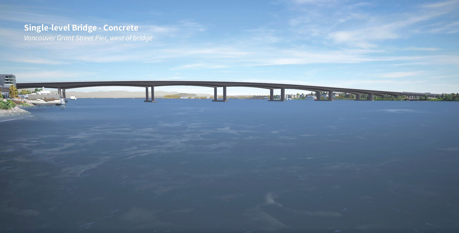 A visualization of the Interstate 5 Bridge Replacement Program using a concrete design is pictured looking east.