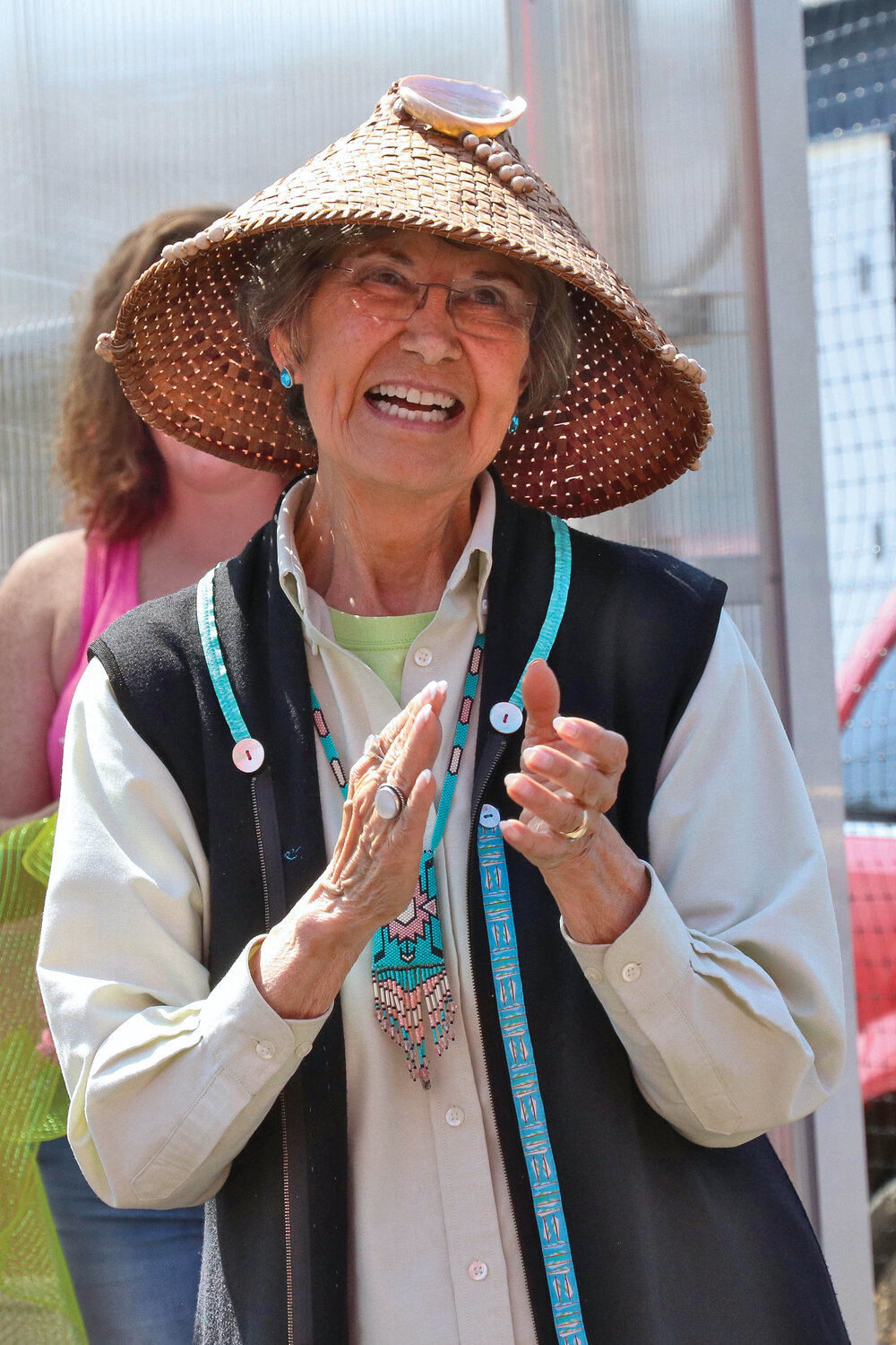 Cowlitz Indian Tribe Elder and Spiritual Leader Tanna Engdahl smiles while giving a speech at a ribbon-cutting and blessing ceremony for the new Toledo Learning Garden greenhouse at Toledo Elementary School on Saturday, Aug. 26.