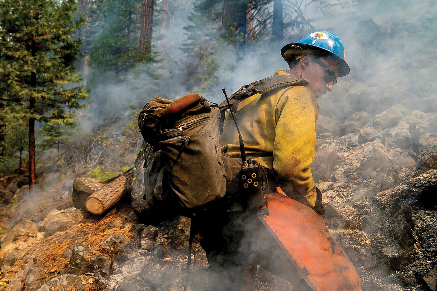 Blue Ridge Hot Shots cut trees and dig a fireline on a steep-sloped mountain to suppress the Dixie Fire in Lassen National Forest, California, in September 2021.