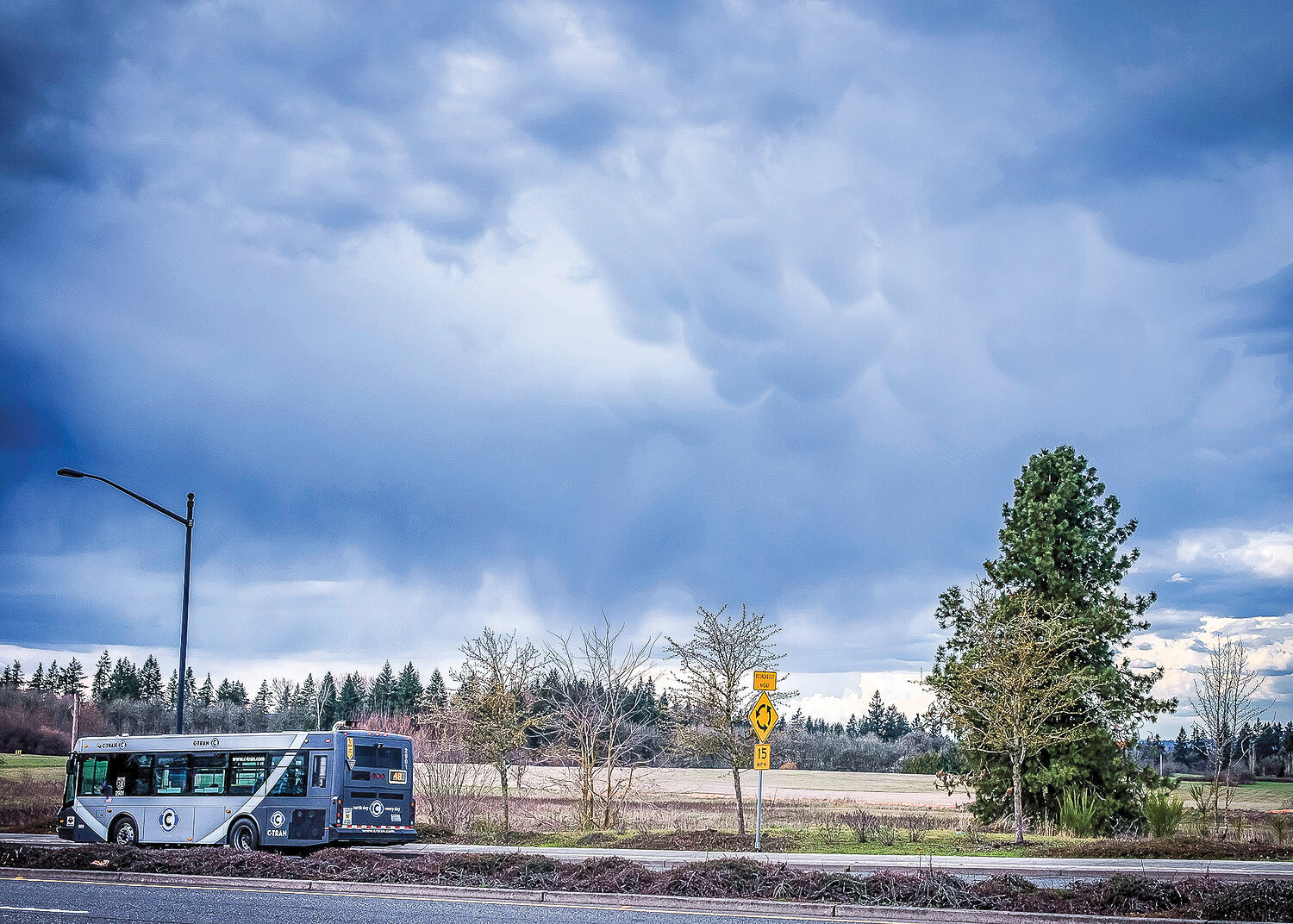 A severe thunderstorm on the evening of Wednesday, March 22 forms over Ridgefield. Rainbands and a small pocket of mammatus clouds formed as cold air began to sink down toward the ground, which created the pouch-like shapes  near the Pioneer Street overpass. .