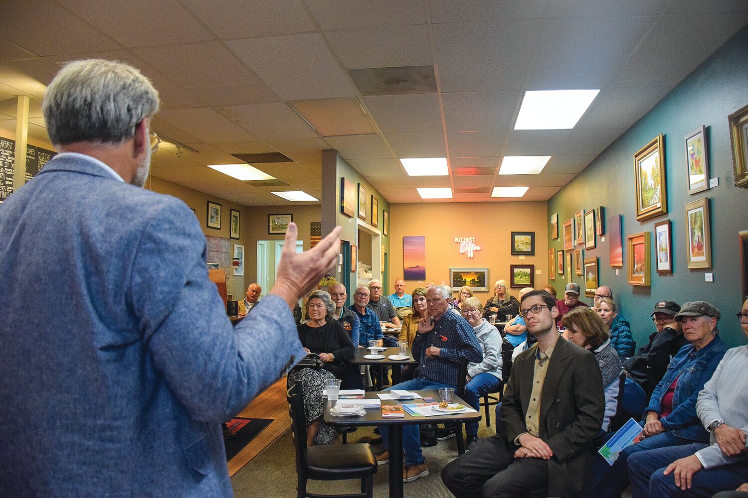 Washington State Rep. Ed Orcutt, R-Kalama, addresses an audience during a 20th Legislative District meet-and-greet event Monday, Oct. 9 at Luckman Coffee in Woodland.