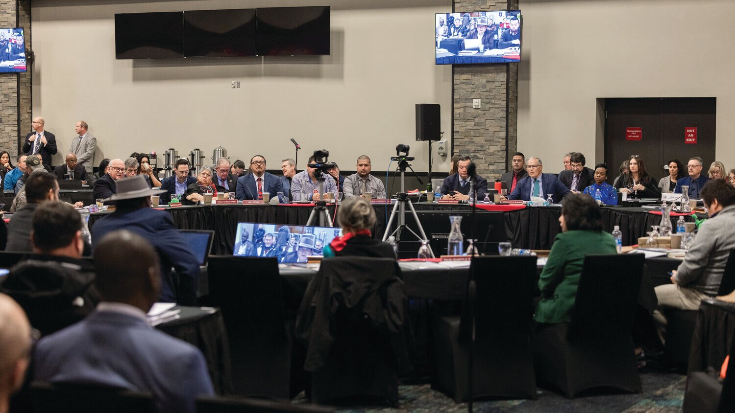 Governor Jay Inslee listens to leaders from Native American tribes across Washington state during the Centennial Accord meeting at Lucky Eagle Casino on Tuesday, Oct. 31, in Rochester.