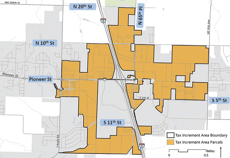 A map shows the boundaries for a newly-approved tax increment financing area in Ridgefield.