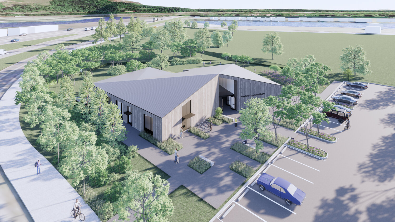 An artist’s rendition shows the exterior of the completed Woodland Community Library.