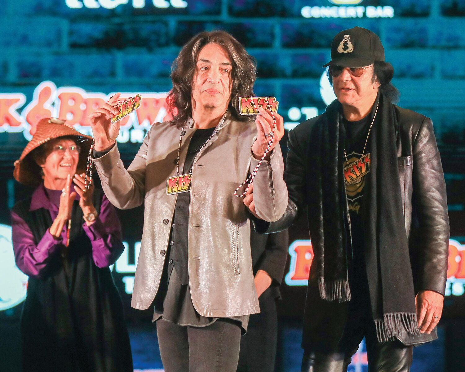 Rock and Brews co-founder and co-lead singer of Kiss Paul Stanley holds necklaces made by a Cowlitz Indian Tribe member during the groundbreaking ceremony for the upcoming restaurant at ilani Casino on Tuesday, Nov. 7.