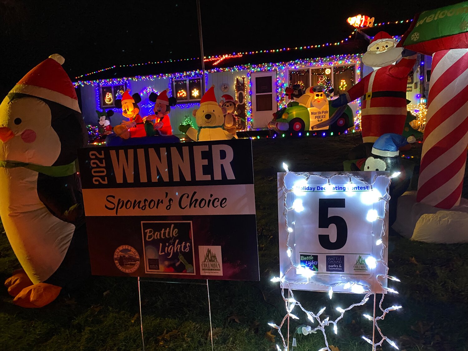 This photo shows the 2022 Sponsor’s Choice award winner in the Battle Ground Tour of Lights. See the Tour of Lights map and vote for your favorite entries beginning this week by visiting cityofbg.org/934/Battle-of-Lights---Holiday-Decorating-Co.