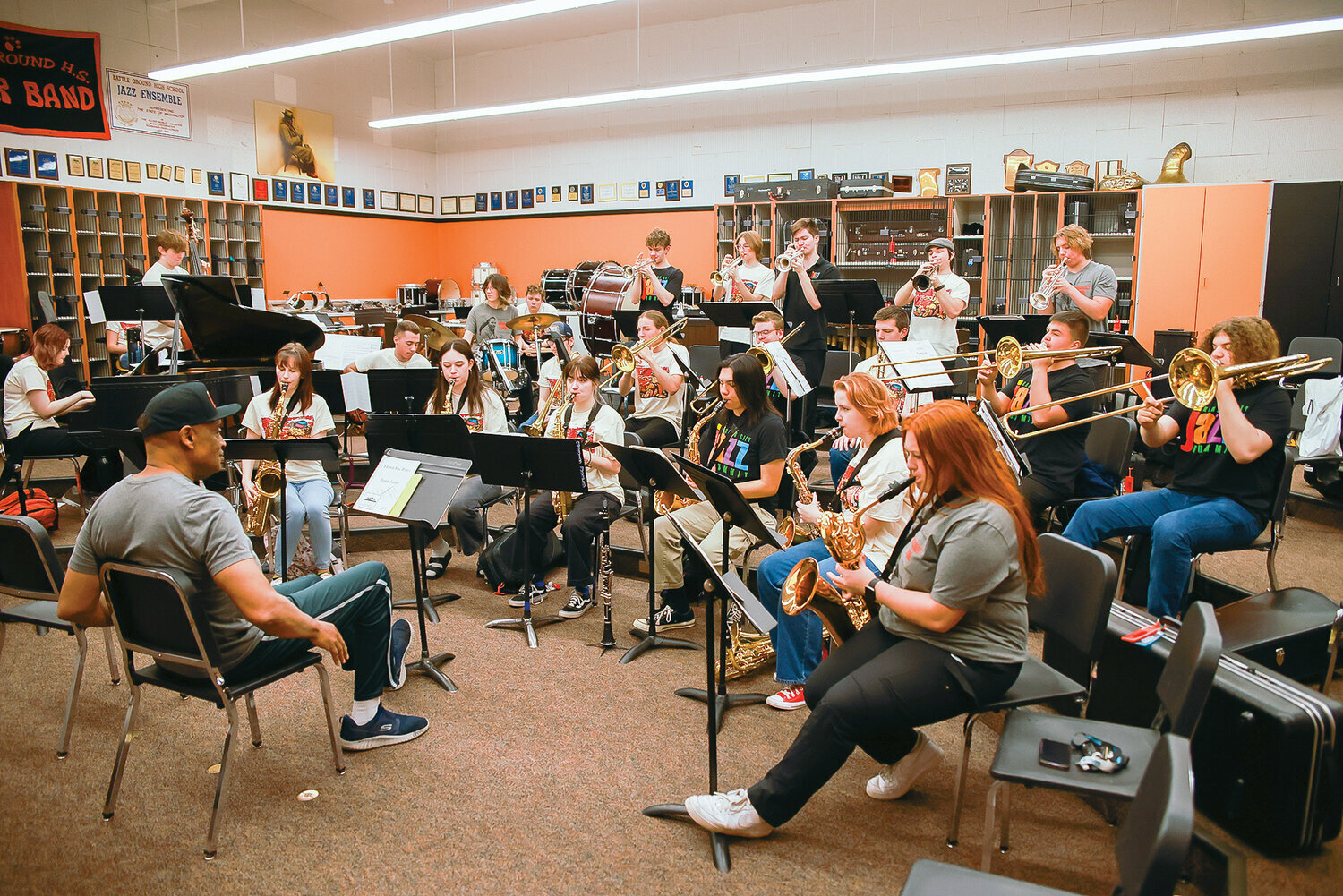 Battle Ground High School’s advanced jazz band rehearses before school on Thursday, May 4.
